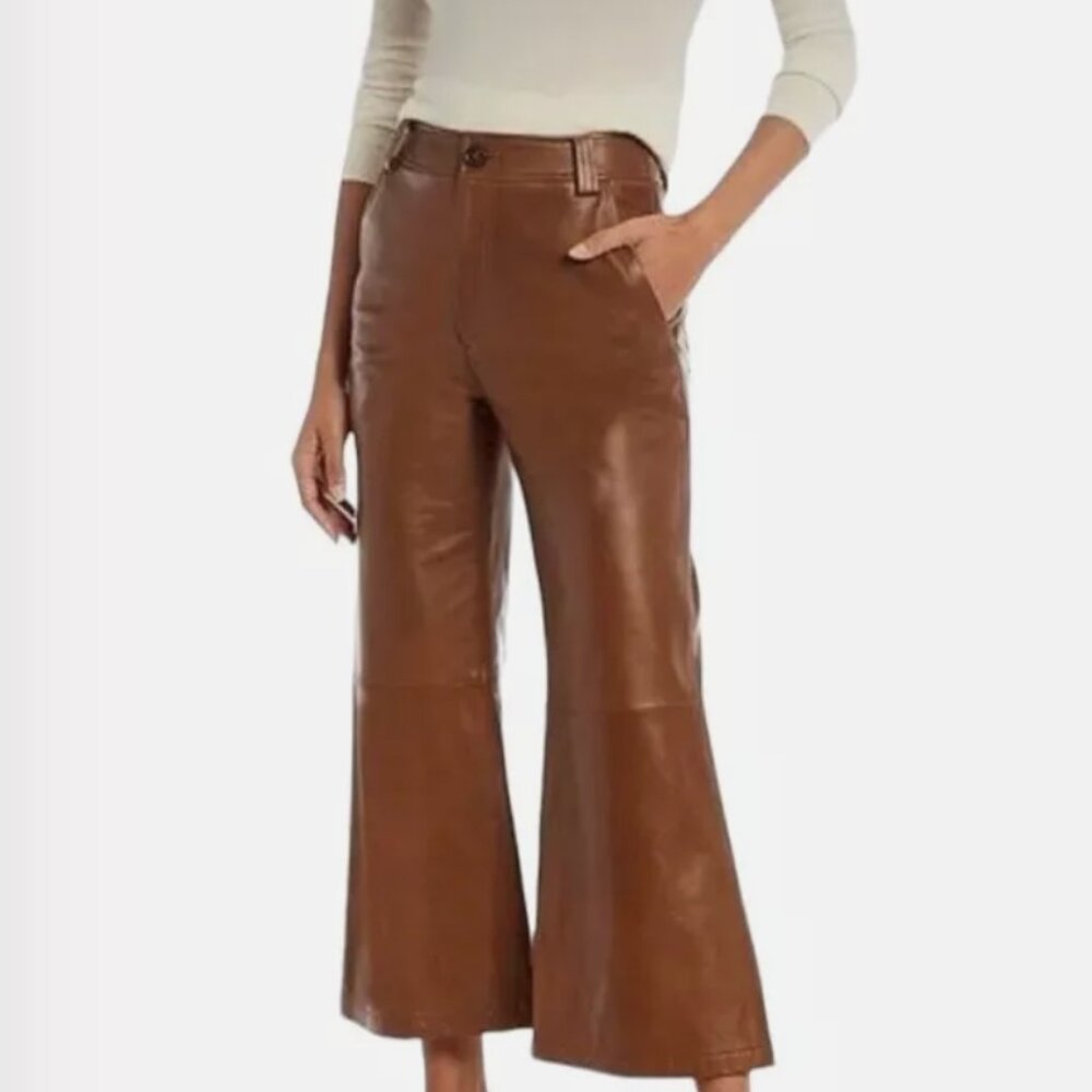 ANTONIO MELANI Cognac Brown Leather High Rise Cropped Wide Leg Pants - Size 0